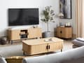 Miniatyrbilde 5 av 11: TV-stativ i lyst tre med svarte ben i MDF Metall TV opp til 70ʺ Retro skyveskap Kabelhåndtering Stue