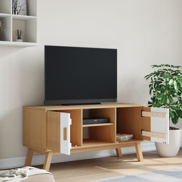 vidaXL TV-taso OLDEN valkoinen ja ruskea 114x43x57 cm täysi mänty