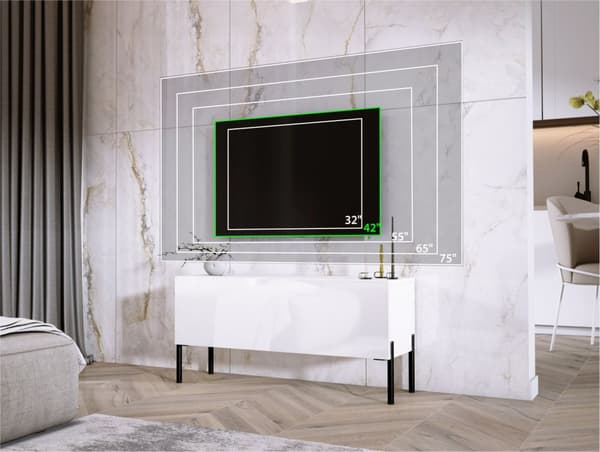 TV -kaapin valkoinen matta/valkoinen kiiltävä jalat mustalla, A: B: 100 cm, H: 52 cm, T: 32 cm