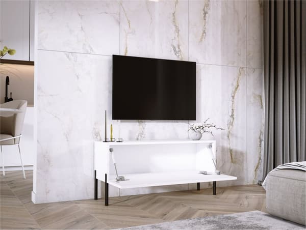 TV -skab i hvidt Matt med ben i sort, A: B: 100 cm, H: 52 cm, T: 32 cm
