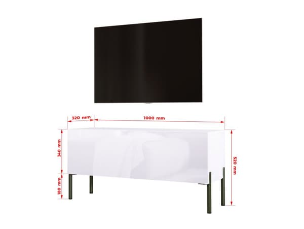 TV -skab i hvidt Matt med ben i sort, A: B: 100 cm, H: 52 cm, T: 32 cm