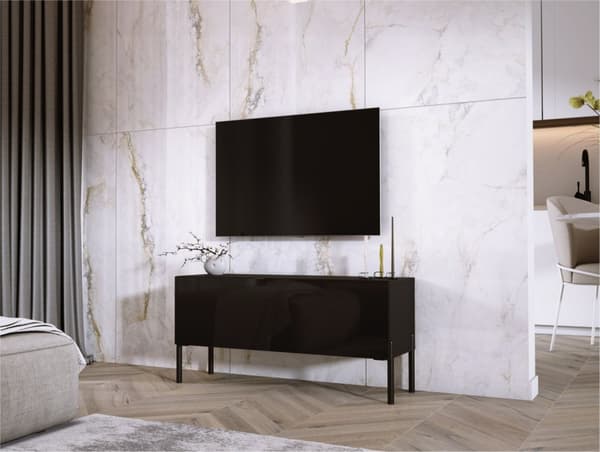 TV -skåp i svart matt/svart glansig med ben i svart, A: B: 100 cm, h: 52 cm, t: 32 cm