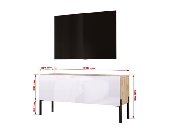 TV -skab i Wotan Oak/White High Gloss med ben i sort, A: B: 100 cm, H: 52 cm, T: 32 cm