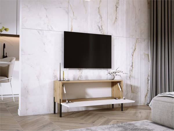 TV -skab i Wotan Oak/White High Gloss med ben i sort, A: B: 100 cm, H: 52 cm, T: 32 cm