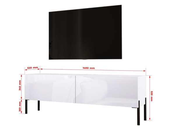 TV -skåp i vitt matt/vit glansig med ben i svart, A: B: 140 cm, h: 52 cm, t: 32 cm