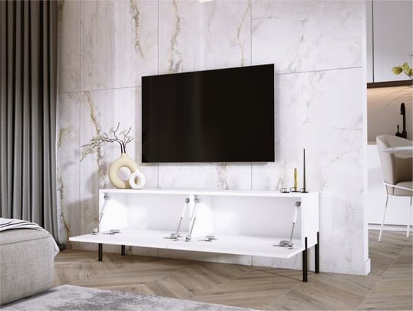 TV -skåp i vitt matt/vit glansig med ben i svart, A: B: 140 cm, h: 52 cm, t: 32 cm