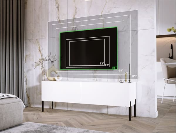TV -skåp i vitt matt/vit glansig med ben i svart, A: B: 140 cm, h: 52 cm, t: 32 cm