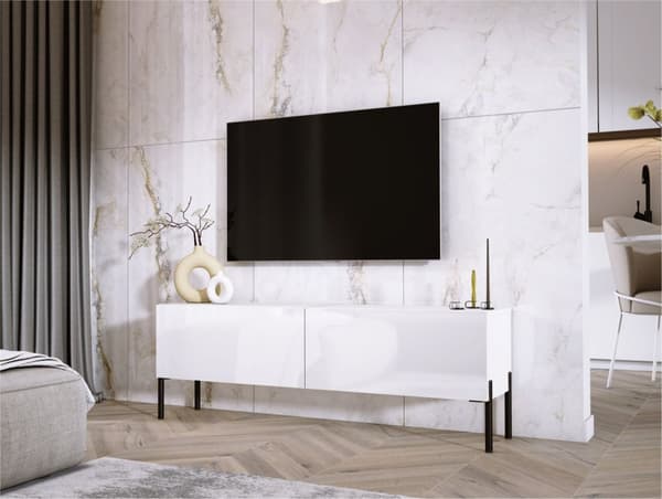 TV -skåp i vitt matt/vit glansig med ben i svart, A: B: 140 cm, h: 52 cm, t: 32 cm