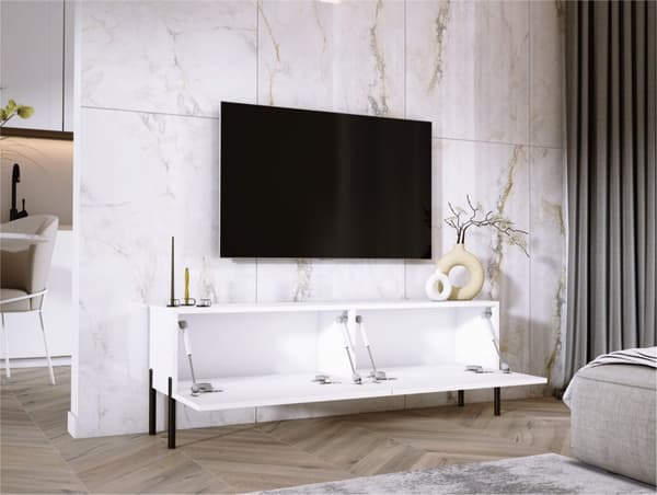 TV -skåp i vitt matt med ben i svart, A: B: 140 cm, h: 52 cm, t: 32 cm