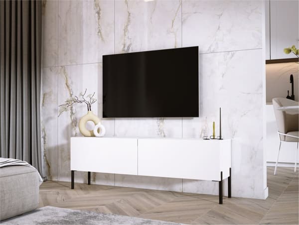 TV -skåp i vitt matt med ben i svart, A: B: 140 cm, h: 52 cm, t: 32 cm