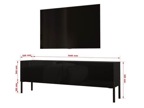 Televisiokaappi mustassa matta/musta kiiltävä jalat mustalla, A: B: 140 cm, H: 52 cm, T: 32 cm