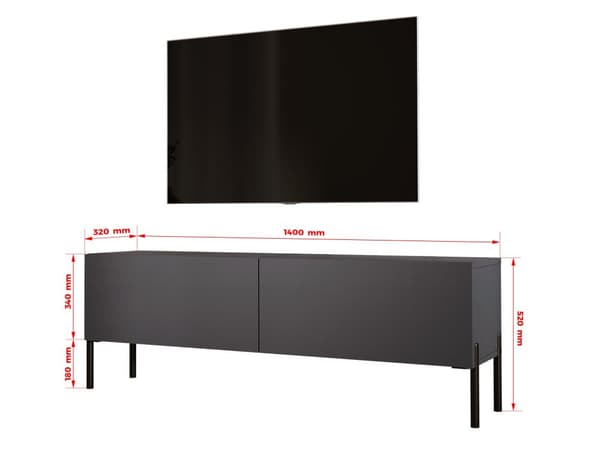 TV -skab i antracit med ben i sort, A: B: 140 cm, H: 52 cm, T: 32 cm