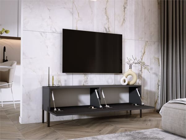 TV -skab i antracit med ben i sort, A: B: 140 cm, H: 52 cm, T: 32 cm