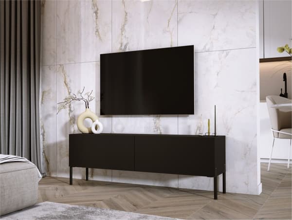 TV -skåp i svart matt med ben i svart, A: B: 140 cm, h: 52 cm, t: 32 cm