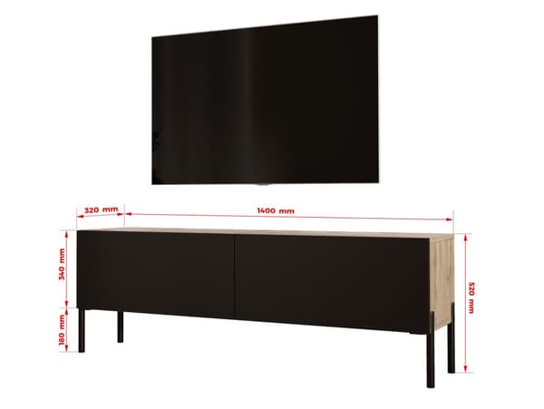 TV -kaappi Wotan Oak/Black Matt, jalat mustalla, A: B: 140 cm, H: 52 cm, T: 32 cm