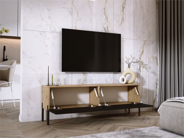 TV -kaappi Wotan Oak/Black Matt, jalat mustalla, A: B: 140 cm, H: 52 cm, T: 32 cm