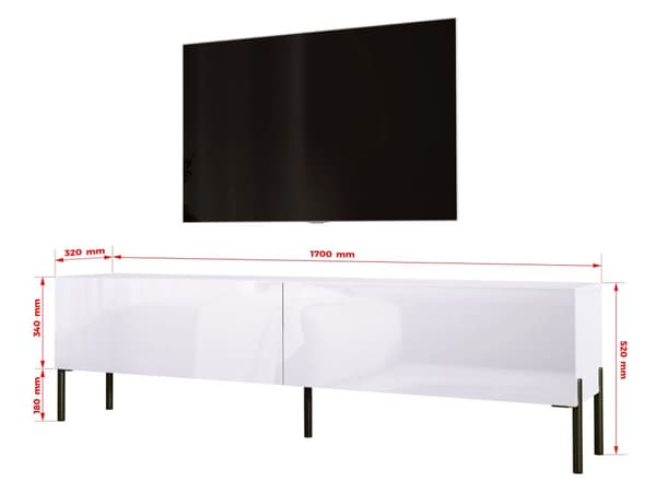 TV -skåp i vitt matt/vit glansig med ben i svart, A: B: 170 cm, h: 52 cm, t: 32 cm