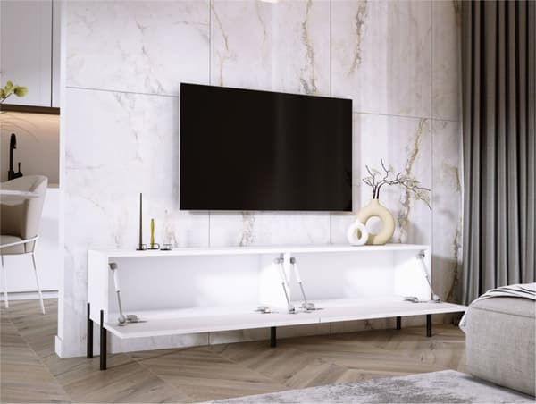 TV -skab i hvidt Matt med ben i sort, A: B: 170 cm, H: 52 cm, T: 32 cm
