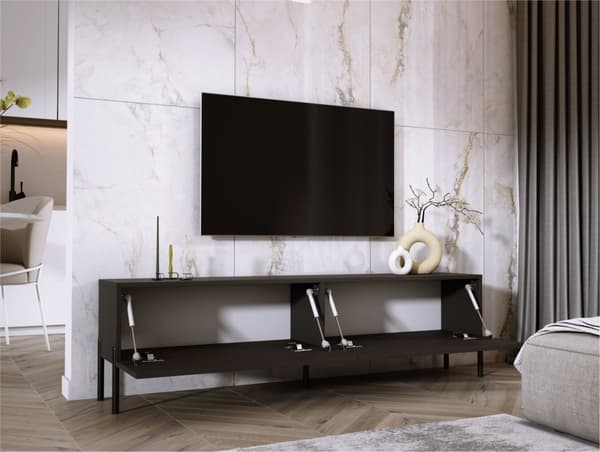 TV -skåp i svart matt/svart glansig med ben i svart, A: B: 170 cm, h: 52 cm, t: 32 cm