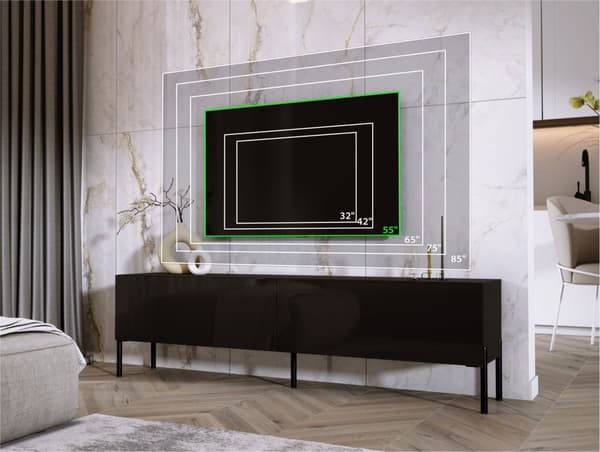 TV -skåp i svart matt/svart glansig med ben i svart, A: B: 170 cm, h: 52 cm, t: 32 cm