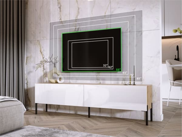 TV -skab i Wotan Oak/White High Gloss med ben i sort, A: B: 170 cm, H: 52 cm, T: 32 cm