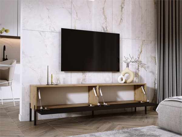 TV -skåp i Wotan Oak/Black Matt med benen i svart, A: B: 170 cm, H: 52 cm, T: 32 cm