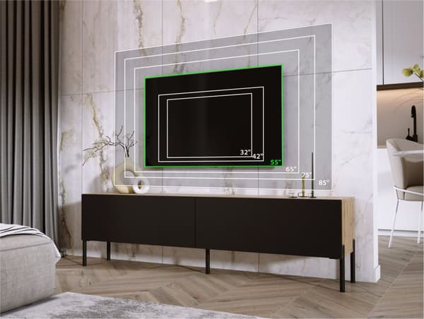 TV -skåp i Wotan Oak/Black Matt med benen i svart, A: B: 170 cm, H: 52 cm, T: 32 cm