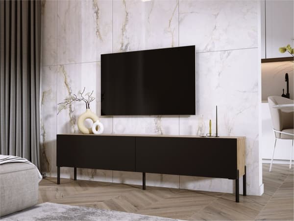 TV -skåp i Wotan Oak/Black Matt med benen i svart, A: B: 170 cm, H: 52 cm, T: 32 cm