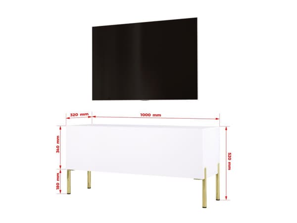 TV -kabinet i hvidt matt/hvid blankt med ben i guld, A: B: 100 cm, H: 52 cm, T: 32 cm