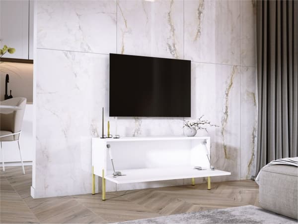 TV -kabinet i hvidt matt/hvid blankt med ben i guld, A: B: 100 cm, H: 52 cm, T: 32 cm