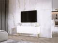 Miniatyrbillede 2 af 7: TV -kabinet i hvidt matt/hvid blankt med ben i guld, A: B: 100 cm, H: 52 cm, T: 32 cm