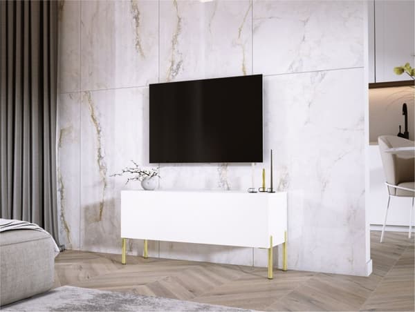 TV -kabinet i hvidt matt/hvid blankt med ben i guld, A: B: 100 cm, H: 52 cm, T: 32 cm