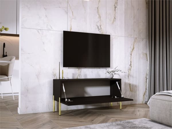 TV -skåp i svart matt/svart glansig med ben i guld, A: B: 100 cm, h: 52 cm, t: 32 cm