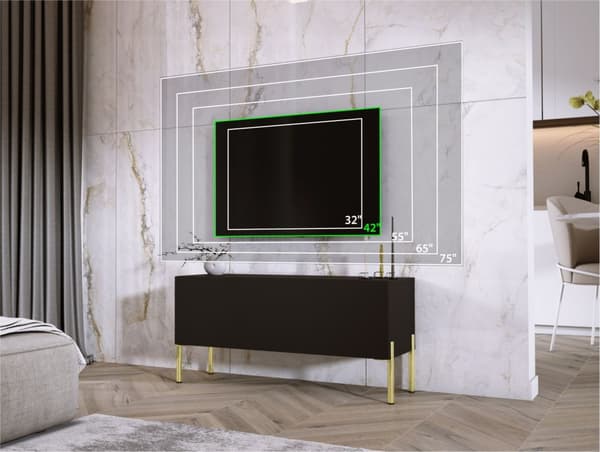 TV -skåp i svart matt/svart glansig med ben i guld, A: B: 100 cm, h: 52 cm, t: 32 cm