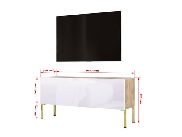 TV -skåp i Wotan Oak/White High Gloss med benen i guld, A: B: 100 cm, H: 52 cm, T: 32 cm