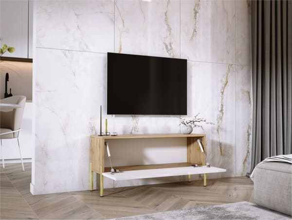 TV -skåp i Wotan Oak/White High Gloss med benen i guld, A: B: 100 cm, H: 52 cm, T: 32 cm