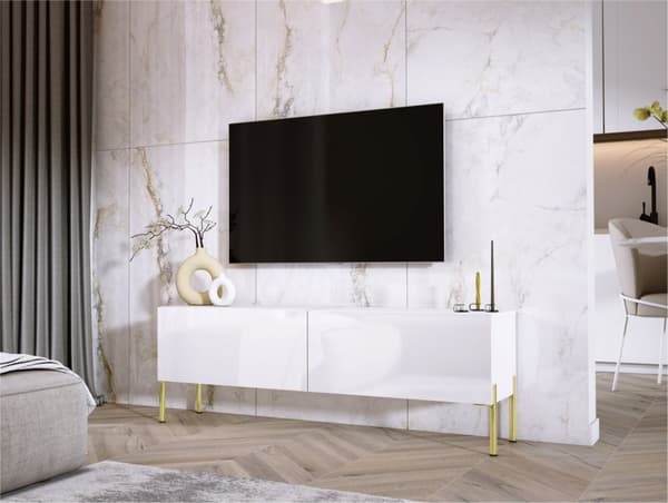 TV -kabinet i hvidt matt/hvid blankt med ben i guld, A: B: 140 cm, H: 52 cm, T: 32 cm