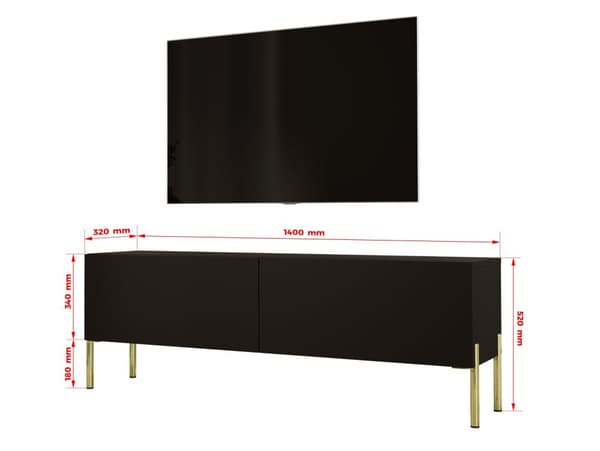 TV -skåp i svart matt/svart glansig med ben i guld, A: B: 140 cm, h: 52 cm, t: 32 cm