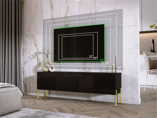 TV -skåp i svart matt/svart glansig med ben i guld, A: B: 140 cm, h: 52 cm, t: 32 cm