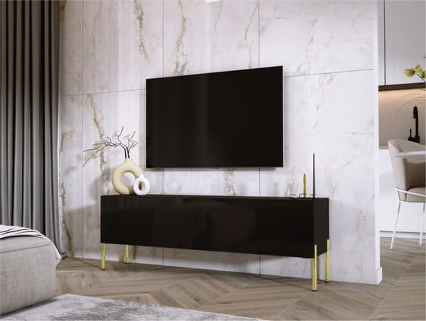 TV -skåp i svart matt/svart glansig med ben i guld, A: B: 140 cm, h: 52 cm, t: 32 cm