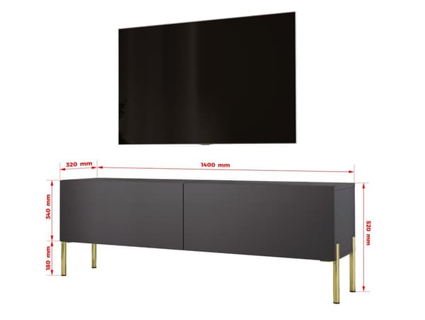 TV -kaapin antrasiitissa, joissa jalat kullalla, A: B: 140 cm, H: 52 cm, T: 32 cm