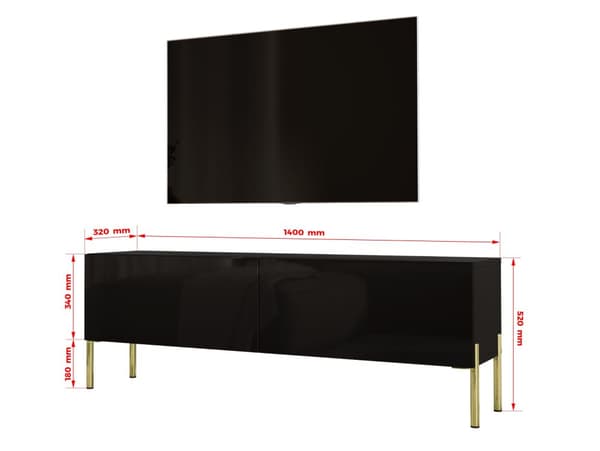 Televisiokaappi mustassa mattalla jaloilla kullassa, A: B: 140 cm, H: 52 cm, T: 32 cm