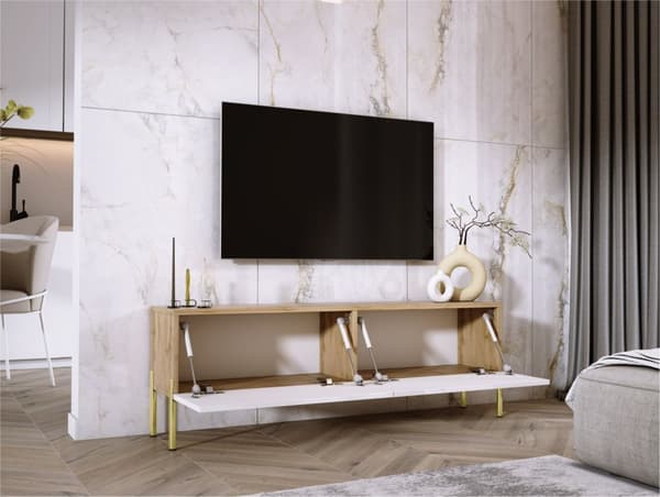TV -skåp i Wotan Oak/White High Gloss med benen i guld, A: B: 140 cm, H: 52 cm, T: 32 cm