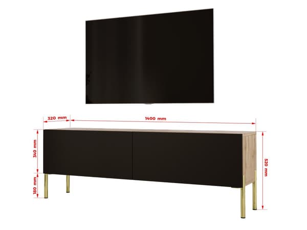 TV -skab i Wotan Oak/Black Matt med ben i guld, A: B: 140 cm, H: 52 cm, T: 32 cm