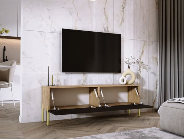TV -skab i Wotan Oak/Black Matt med ben i guld, A: B: 140 cm, H: 52 cm, T: 32 cm