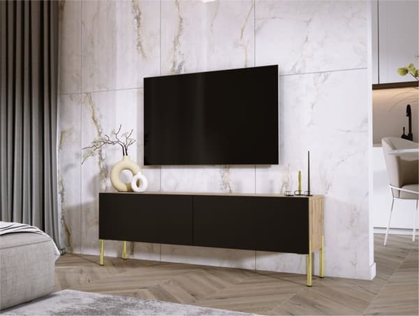 TV -skab i Wotan Oak/Black Matt med ben i guld, A: B: 140 cm, H: 52 cm, T: 32 cm