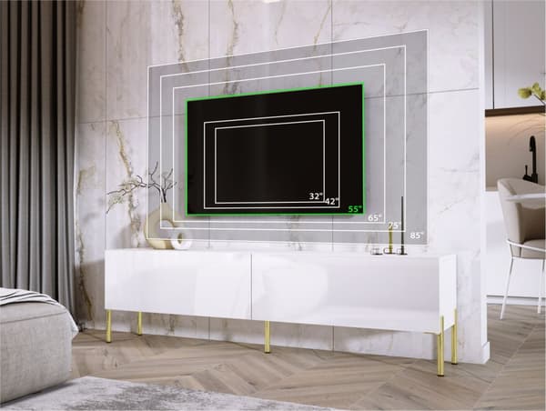 TV -kaapin valkoinen matta/valkoinen kiiltävä jalat kultaa, A: B: 170 cm, H: 52 cm, T: 32 cm