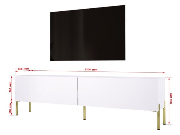 TV -skab i hvidt Matt med ben i guld, A: B: 170 cm, H: 52 cm, T: 32 cm