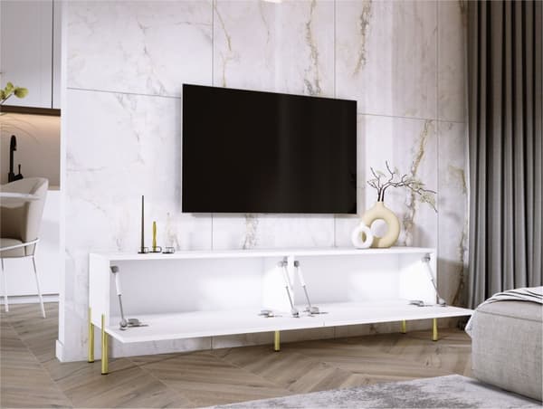 TV -skab i hvidt Matt med ben i guld, A: B: 170 cm, H: 52 cm, T: 32 cm