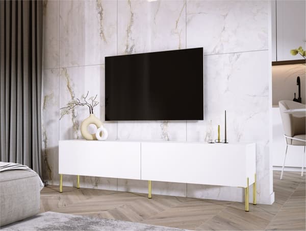 TV -skab i hvidt Matt med ben i guld, A: B: 170 cm, H: 52 cm, T: 32 cm